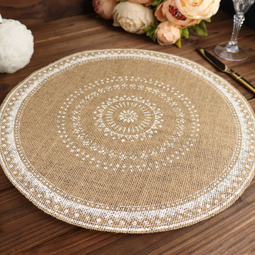 4 Pack Natural 15" Jute and White Braided Placemats, Rustic Round Woven Burlap Table Mats
