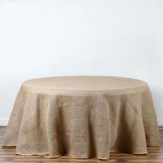Add a Rustic Touch to Your Tablescape with the 90" Natural Round Burlap Tablecloth Add a Rustic Touch to Your Tablescape with the 90" Natural Round Burlap Tablecloth