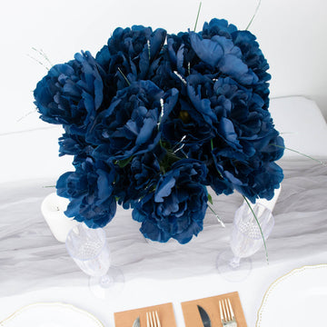 12 Bushes Navy Blue Artificial Peony Floral Bouquets, High Quality Silk Flower Arrangements