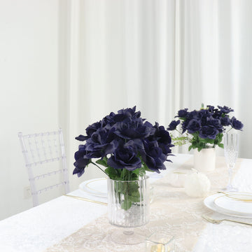 12 Bushes Navy Blue Artificial Premium Silk Blossomed Rose Flowers 84 Roses