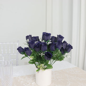 12 Bushes Navy Blue Artificial Premium Silk Flower Rose Bud Bouquets