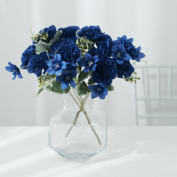 3 Pack 14" Navy Blue Artificial Silk Carnation Flower Arrangements, Faux Floral Bouquets Bushes