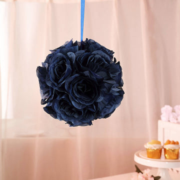 2 Pack 7" Navy Blue Artificial Silk Rose Kissing Ball, Flower Ball