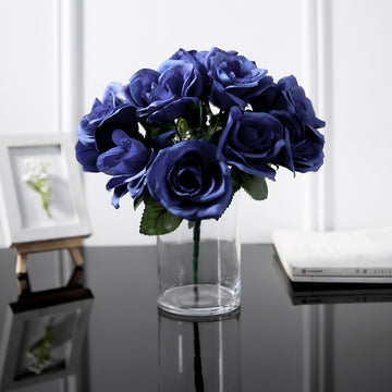12" Navy Blue Artificial Velvet-Like Fabric Rose Flower Bouquet Bush