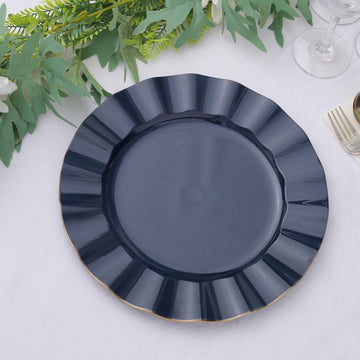10 Pack 11" Navy Blue Disposable Dinner Plates With Gold Ruffled Rim, Round Plastic Party Plates