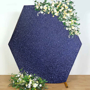 8ftx7ft Navy Blue Metallic Shimmer Tinsel Spandex Hexagon Wedding Arbor Cover, 2-Sided Backdrop