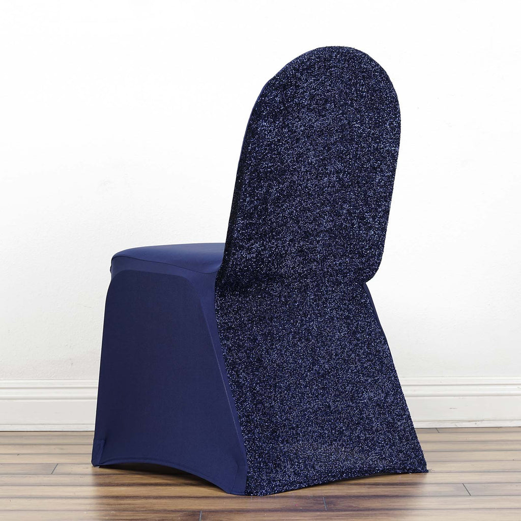 Black Spandex Stretch Banquet Chair Cover, Fitted With Metallic Shimmer  Tinsel Back