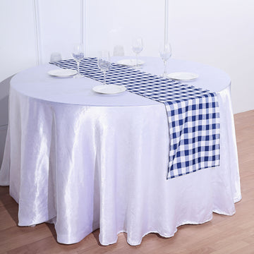 14"x108" Navy Blue White Gingham Polyester Checkered Table Runner, Buffalo Plaid Table Runner