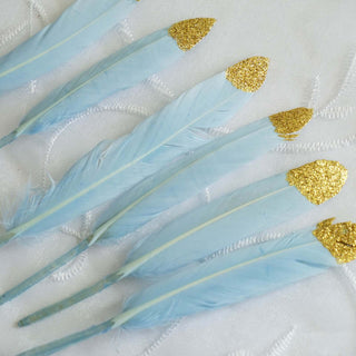 Add a Touch of Glamour with Glitter Gold Tip Light Blue Turkey Feathers Add a Touch of Glamour with Glitter Gold Tip Light Blue Turkey Feathers