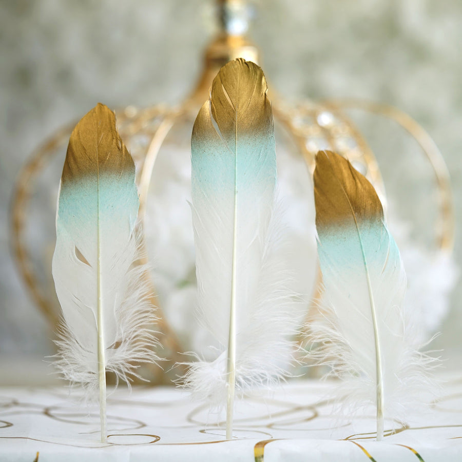 30 Pack | Metallic Gold Tip Dual Tone Real Goose Feathers | Craft Feathers for Party Decoration | Mint / White