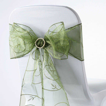 5 Pack 7"x108" Olive Green Embroidered Organza Chair Sashes