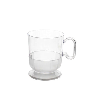 Clear glass mug with handle and flat base on white background