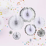 Set of 8 | Silver | White Paper Fan Decorations | Paper Pinwheels Wall Hanging Decorations Party Backdrop Kit | 4" | 8" | 12" | 16"