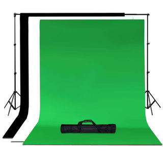 Three seamless backdrop rolls in green, black, and white with carrying case