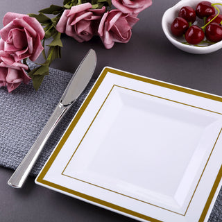 Elegant and Versatile 7" Gold Trim White Disposable Square Salad Plates