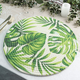 Add a Pop of Green to Your Table with our 4 Pack of Round Green Tropical Leaf Woven Cotton Table Placemats