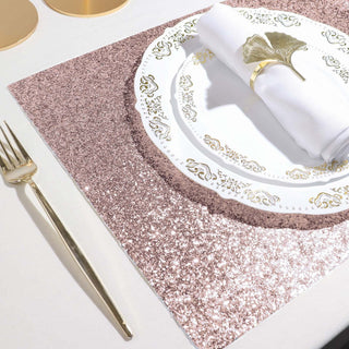 Elegant rose gold glitter placemat with a decorative plate and napkin.