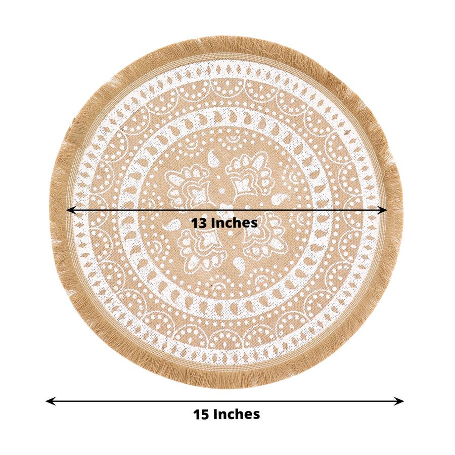 Natural 15inch Jute & White Print Fringe Placemats, Rustic Round Woven Burlap Tassel Table Mats
