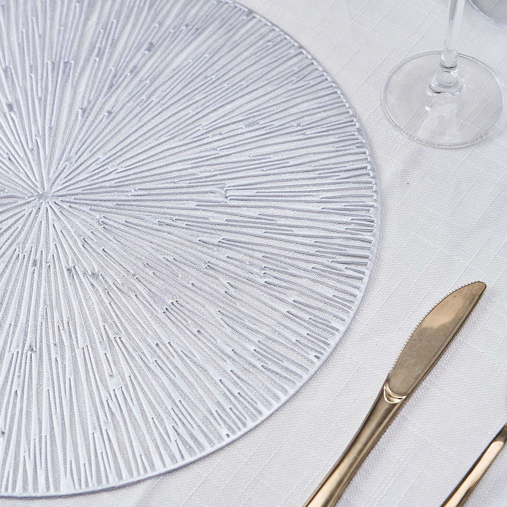 6 Pack | 15 Silver Metallic Non-Slip Placemats, Wheat Design Round Vinyl Table Mats | by Tableclothsfactory