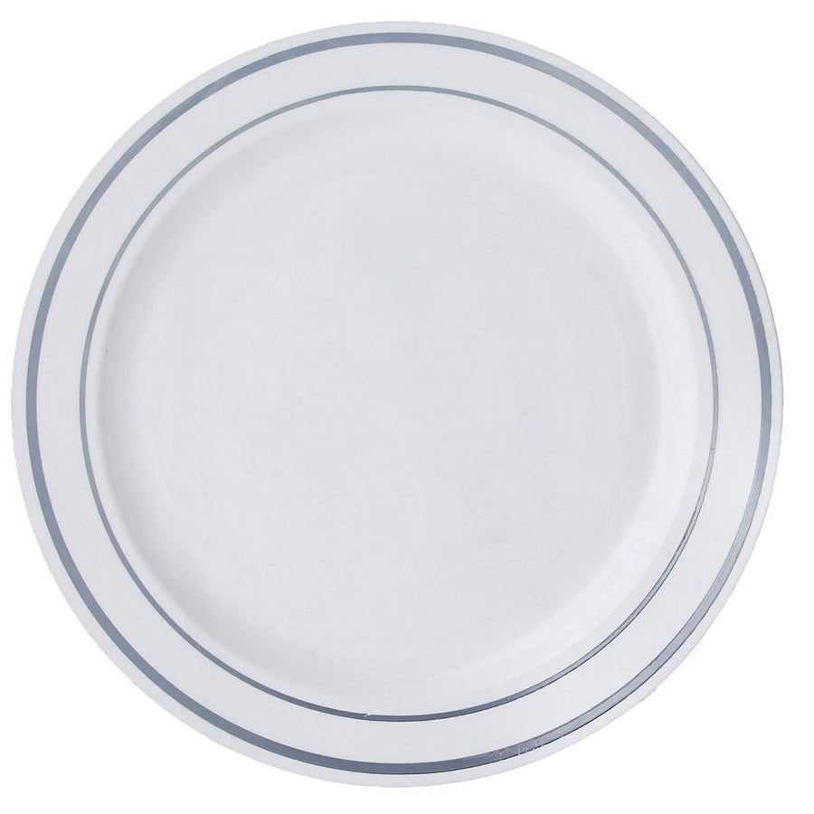 10 Pack | 6inch Très Chic Silver Rim White Disposable Salad Plates, Plastic Dessert Appetizer Plates