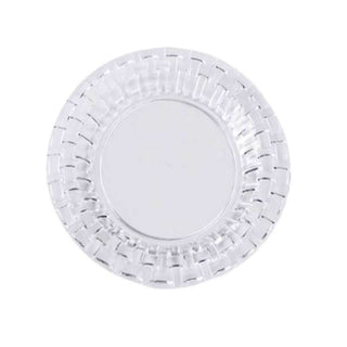 Clear plastic dessert plate with decorative rim design.