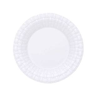 White plastic plate with a woven design on a plain background