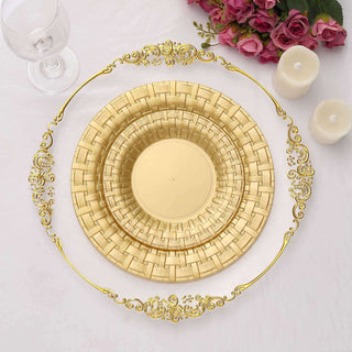 Elegant gold woven plate set with decorative rim on a white background