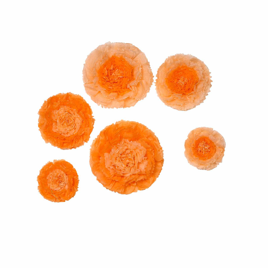 Pack of 6 | Coral/Orange | Multi-size Carnation 3D Giant Paper Flowers | 7”/9”/11” #whtbkgd