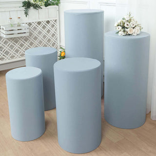 Elevate Your Event Decor with Dusty Blue Cylinder Stretch Fitted Pedestal Pillar Prop Covers Elevate Your Event Decor with Dusty Blue Cylinder Stretch Fitted Pedestal Pillar Prop Covers