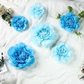 Set of 6 Periwinkle Turquoise Peony 3D Paper Flowers Wall Decor - 7",9",11"