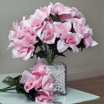 12 Bushes Pink Artificial Premium Silk Blossomed Rose Flowers 84 Roses