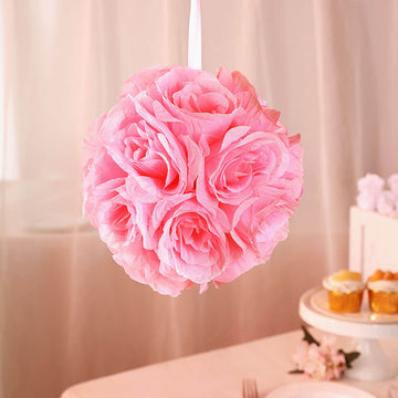 2 Pack 7" Pink Artificial Silk Rose Kissing Ball, Faux Flower Ball