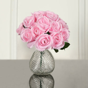 12" Pink Artificial Velvet-Like Rose Flower Bouquet