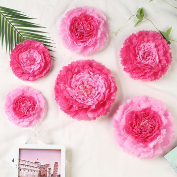 Set of 6 Pink Fuchsia Carnation 3D Paper Flowers Wall Decor - 7",9",11"