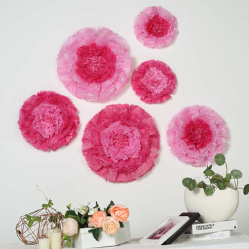 Set of 6 Pink Fuchsia Giant Carnation 3D Paper Flowers Wall Decor - 12",16",20"