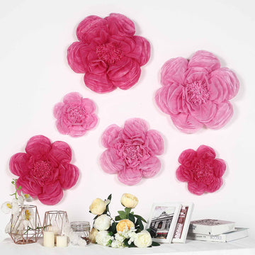 Set of 6 Pink Fuchsia Giant Peony 3D Paper Flowers Wall Decor - 12",16",20"