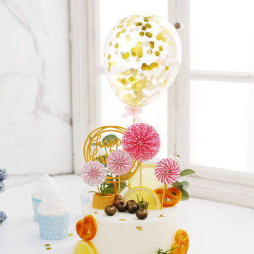 6 Pcs Pink Gold Happy Birthday Cake Topper, 4 Mini Paper Fans and Gold Confetti Balloon Decor