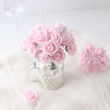 48 Roses 1" Pink Real Touch Artificial DIY Foam Rose Flowers With Stem, Craft Rose Buds