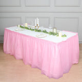 14ft Pink Ruffled Waterproof Plastic Table Skirt, Disposable Spill Proof Outdoor/Indoor Table Skirt