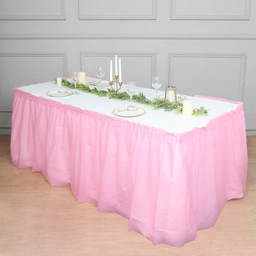 14ft Pink Ruffled Plastic Disposable Table Skirt, Waterproof Spill Proof Outdoor Indoor Table Skirt