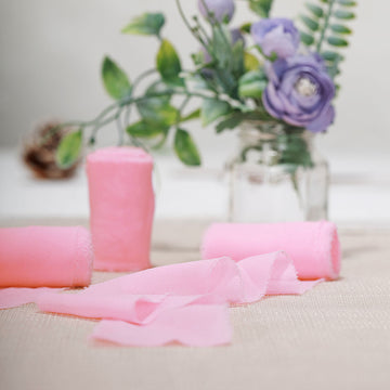 2 Pack 6yd Pink Silk-Like Chiffon Linen Ribbon Roll For Bouquets, Wedding Invitations Gift Wrapping