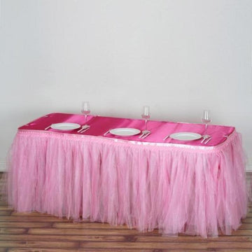 17ft Pink Two Layered Pleated Tulle Tutu Table Skirt With Satin Edge