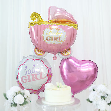 Set of 5 Pink White Girl Baby Shower Mylar Foil Balloon Set, Heart, Round and Baby Carriage Balloon Bouquet With Ribbon, Gender Reveal Party Decorations