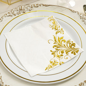 20 Pack 3 Ply Metallic Gold Floral Design Paper Dinner Napkins, Wedding Cocktail Napkins