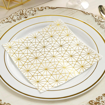 20 Pack 3 Ply Metallic Gold Geometric Design Paper Dinner Napkins Wedding Cocktail Napkins