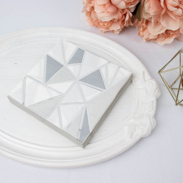 20 Pack 2 Ply Soft Geometric Silver Foil Paper Dinner Napkins, Modern Wedding Cocktail Beverage Napkins