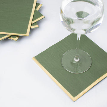 50 Pack Olive Green Soft 2 Ply Disposable Cocktail Napkins with Gold Foil Edge, Paper Beverage Napkins - 6.5"x6.5"