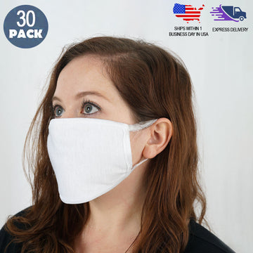 30 Pack 3 Ply White Cotton Face Mask, Reusable Fabric Masks With Soft Ear Loops