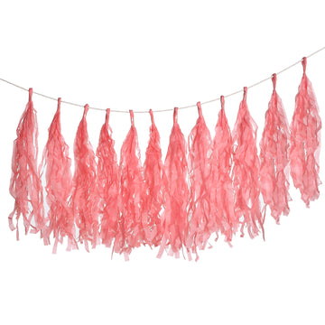 12 Pack Pre-Tied Coral Tissue Paper Tassel Garland With String, Hanging Fringe Party Streamer Backdrop Decor