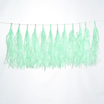 12 Pack Pre-Tied Mint Tissue Paper Tassel Garland With String, Hanging Fringe Party Streamer Backdrop Decor